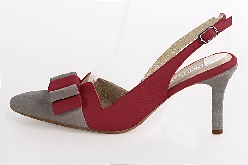 Dove grey and burgundy red women's open back shoes, with a knot. Tapered toe. High slim heel. Profile view - Florence KOOIJMAN